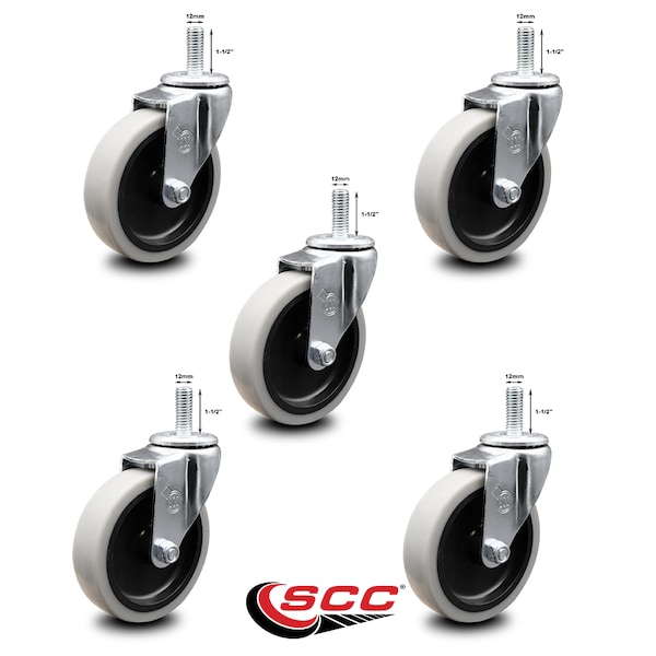 4 Inch Thermoplastic Rubber Wheel 12mm Threaded Stem Caster SCC, 5PK